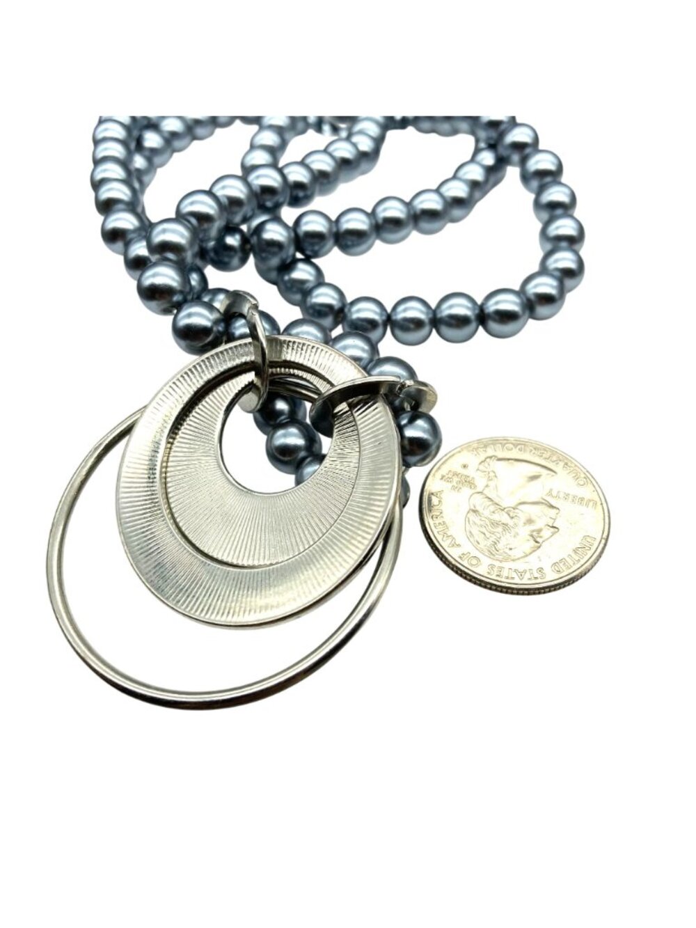 Classy Grey and Silver Circles Pendant on Lustrous Faux Tahitian Pearl Long - Picture 5 of 5
